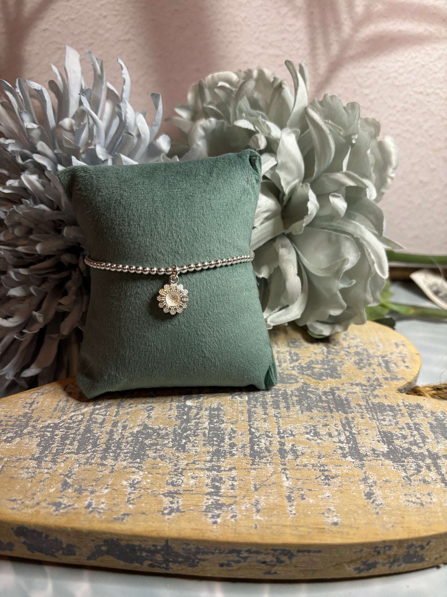 Sterling Silver Beaded bracelet with a pretty sunflower charm