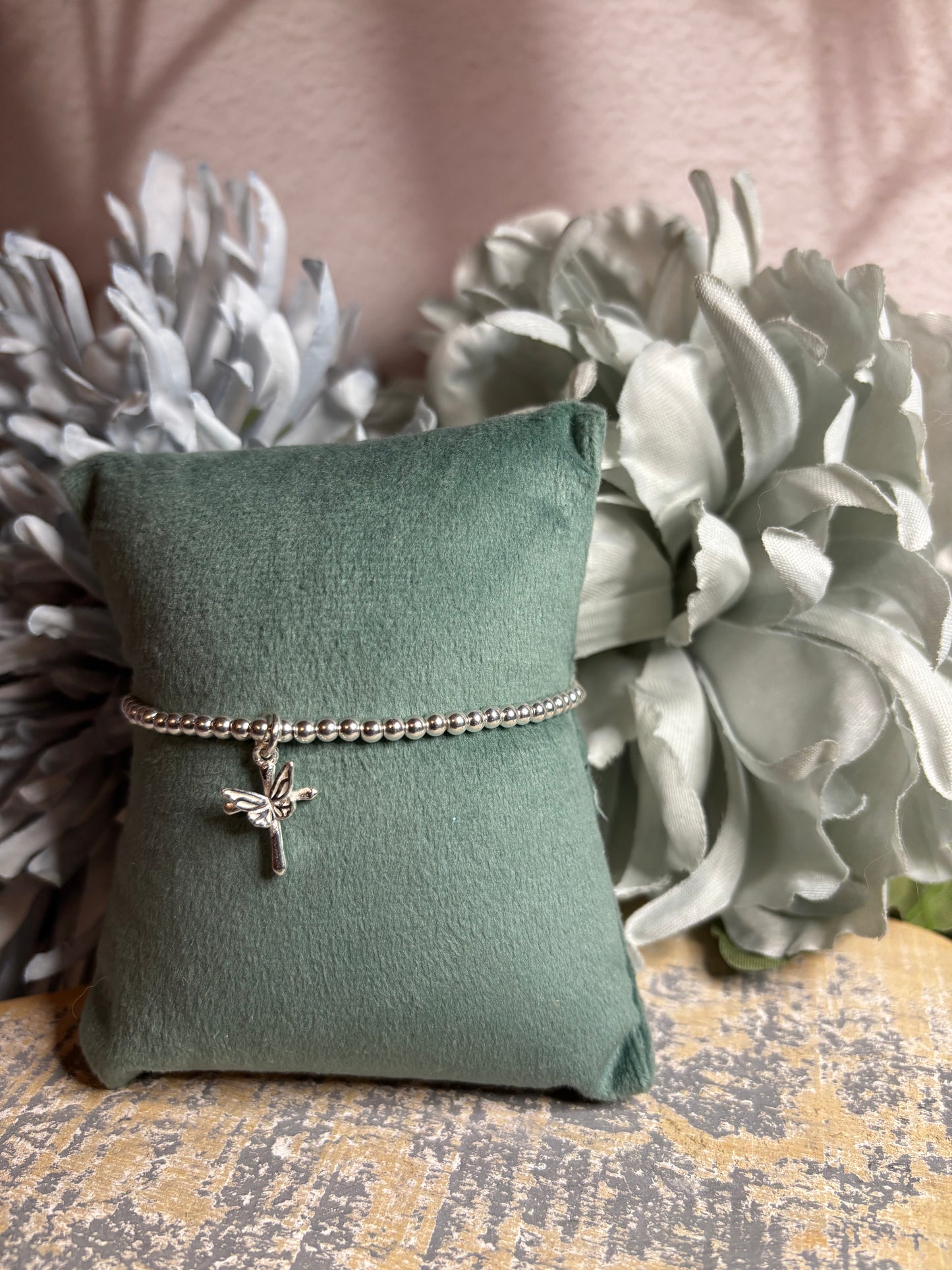 Sterling Silver Beaded bracelet with a cross and butterfly