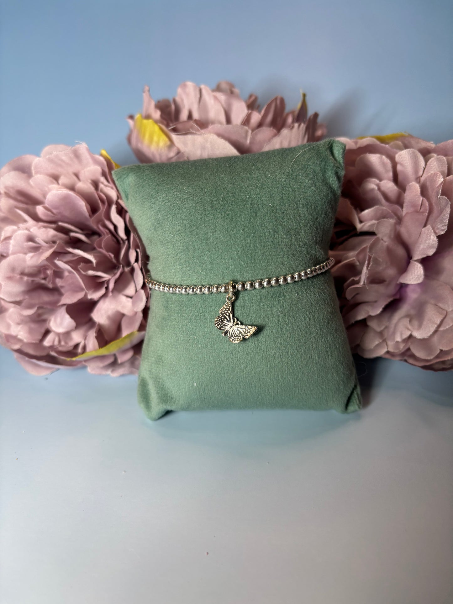 Sterling Silver Beaded bracelet with a large butterfly charm