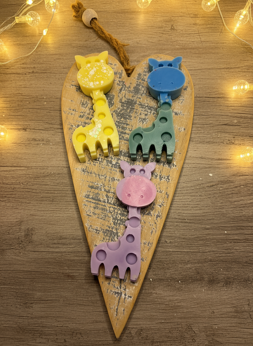Giraffe wax melts on rustic wood with fairy lights