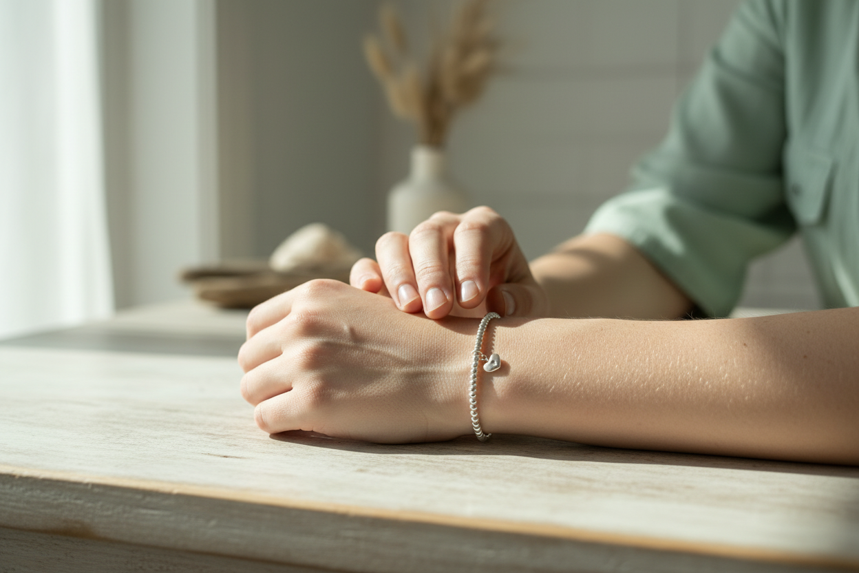 Sterling silver beaded bracelet with heart charm on lady's arm