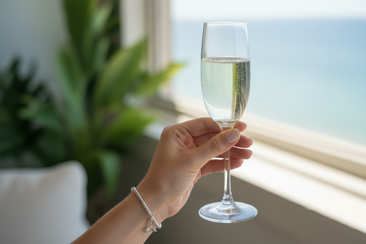 Sterling silver beaded bracelet with whale tail charm holding champagne glass
