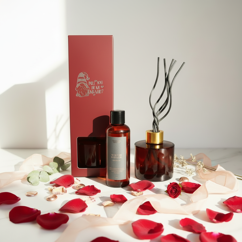Valentine's Reed Diffuser with Dark Red Box and Red Flowers