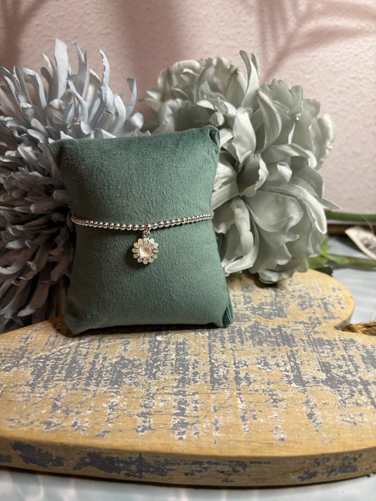 Sterling Silver Beaded bracelet with a pretty sunflower charm