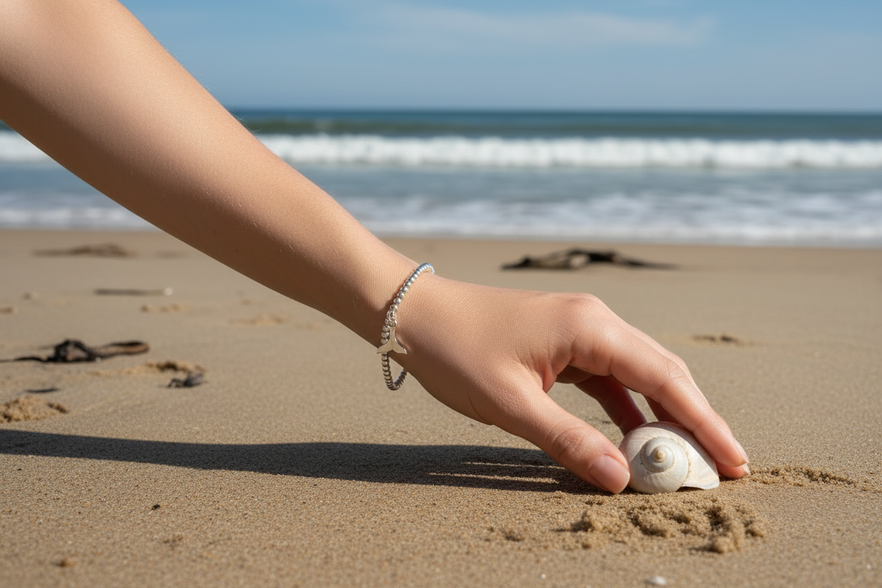 Sterling Silver Beaded bracelet with a whale tail charm
