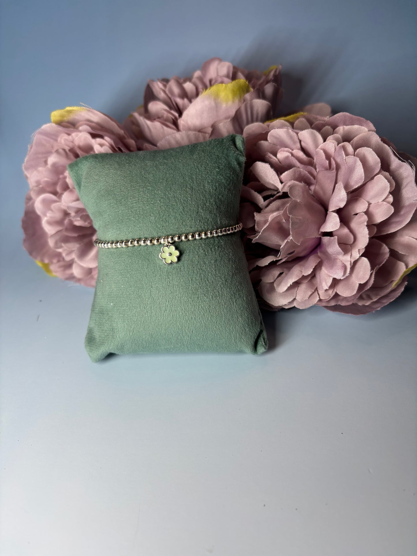 Sterling Silver Beaded bracelet with a pink or blue flower