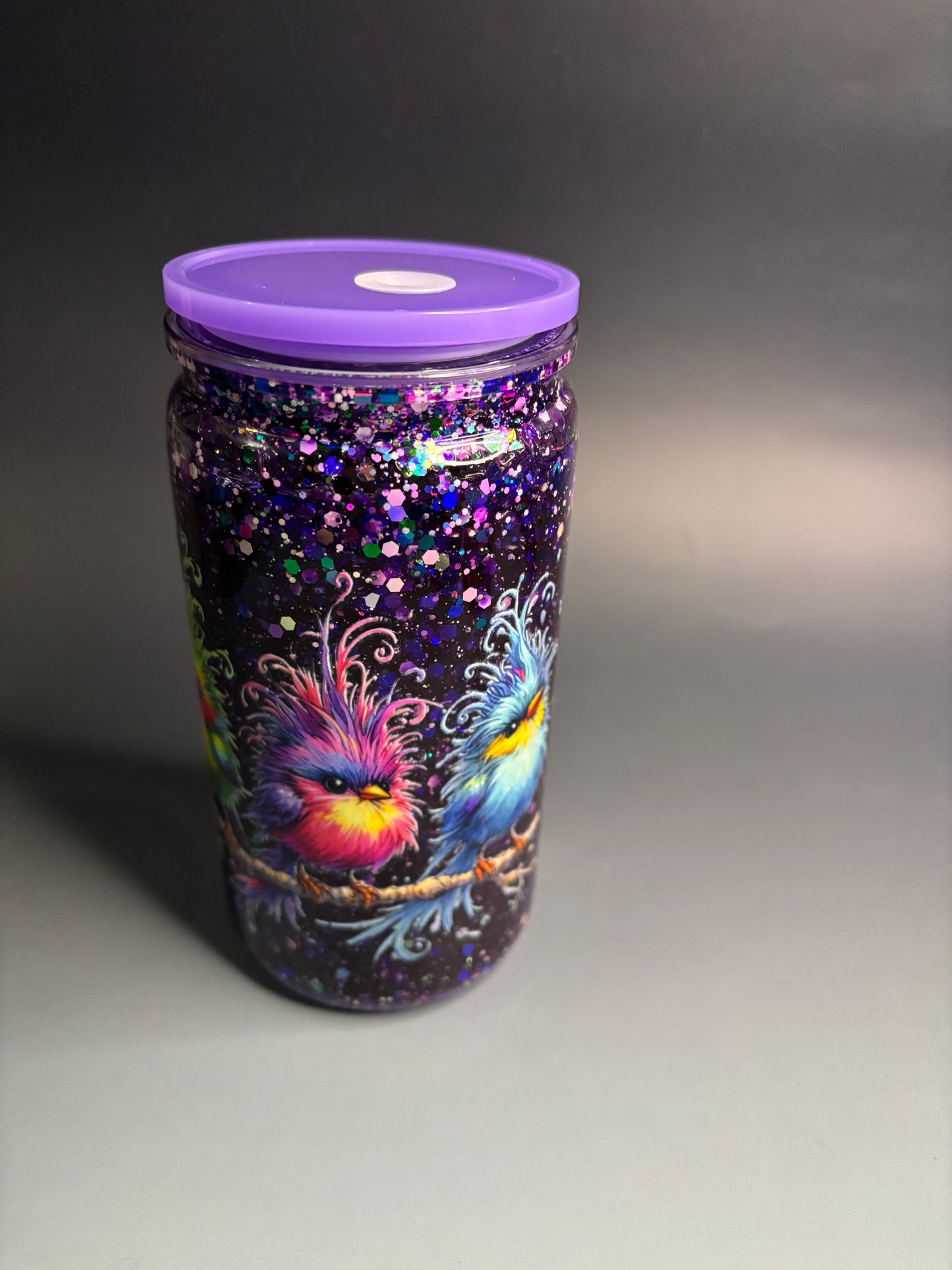 Purple glitter Snow globe tumbler . Bird Design