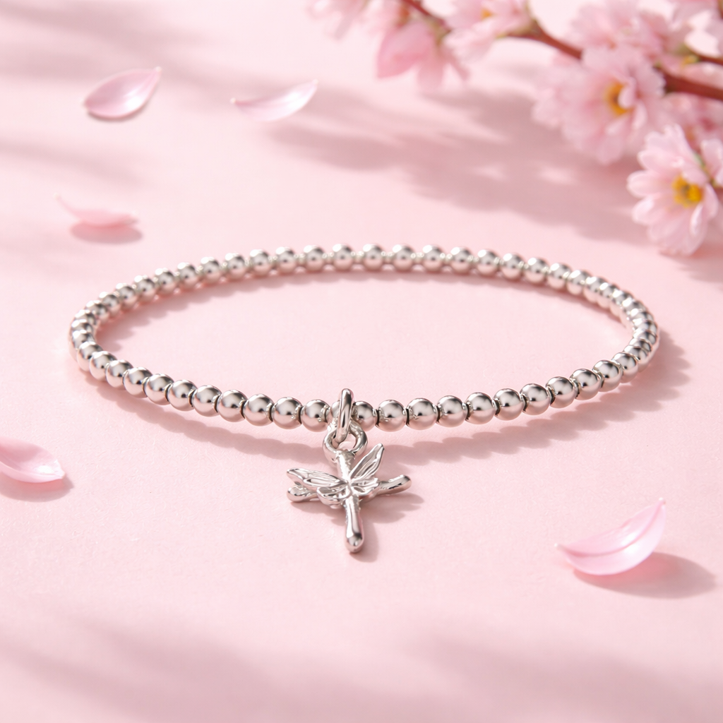 Sterling Silver Beaded bracelet with a cross and butterfly