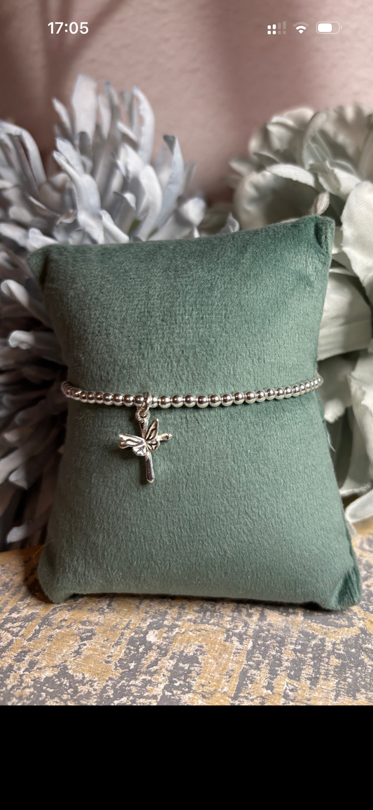 Sterling Silver Beaded bracelet with a cross and butterfly