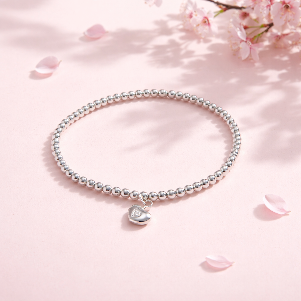 Sterling Silver Beaded Bracelet with a Beautiful Heart Charm