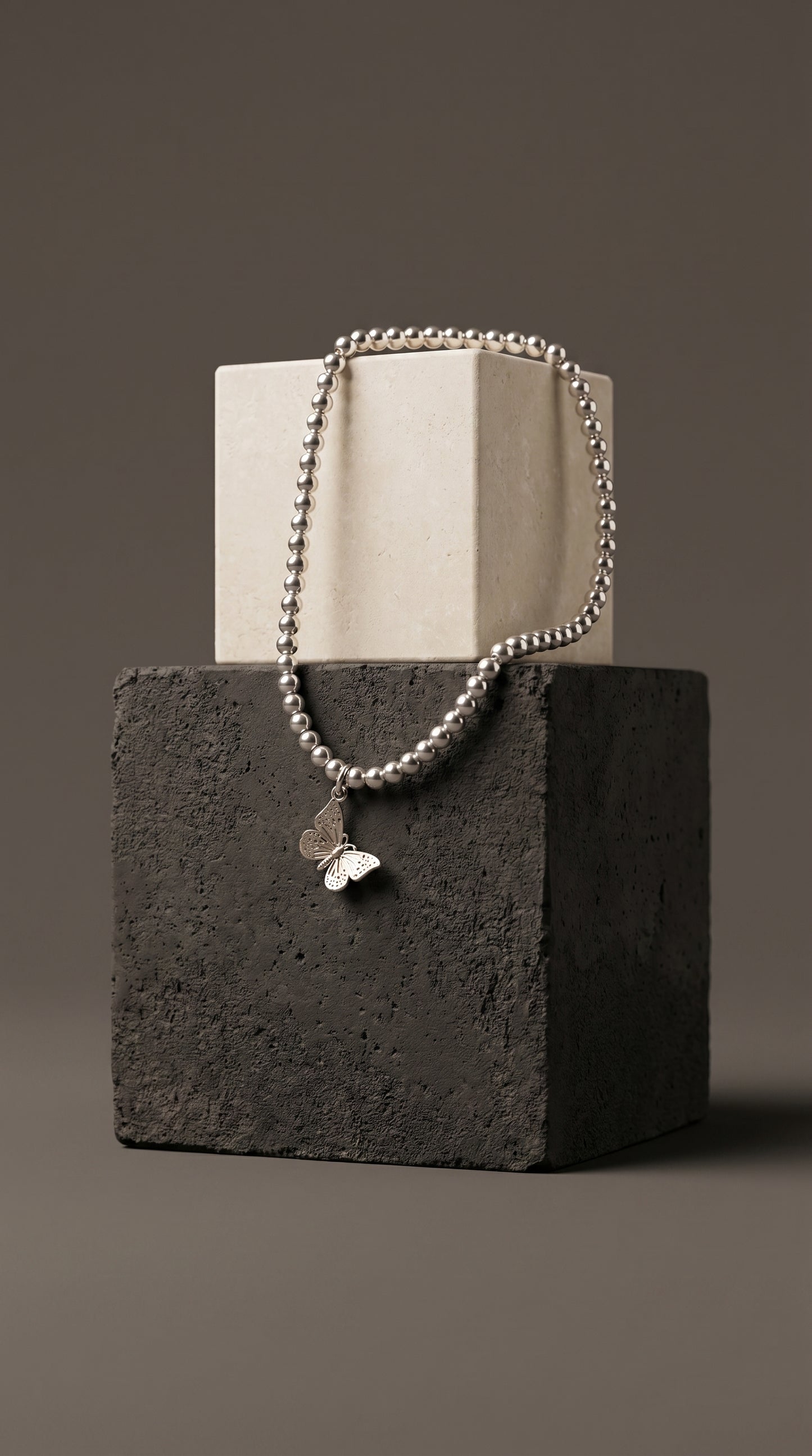 Sterling Silver Beaded Bracelet with a Large Beautiful butterfly Charm