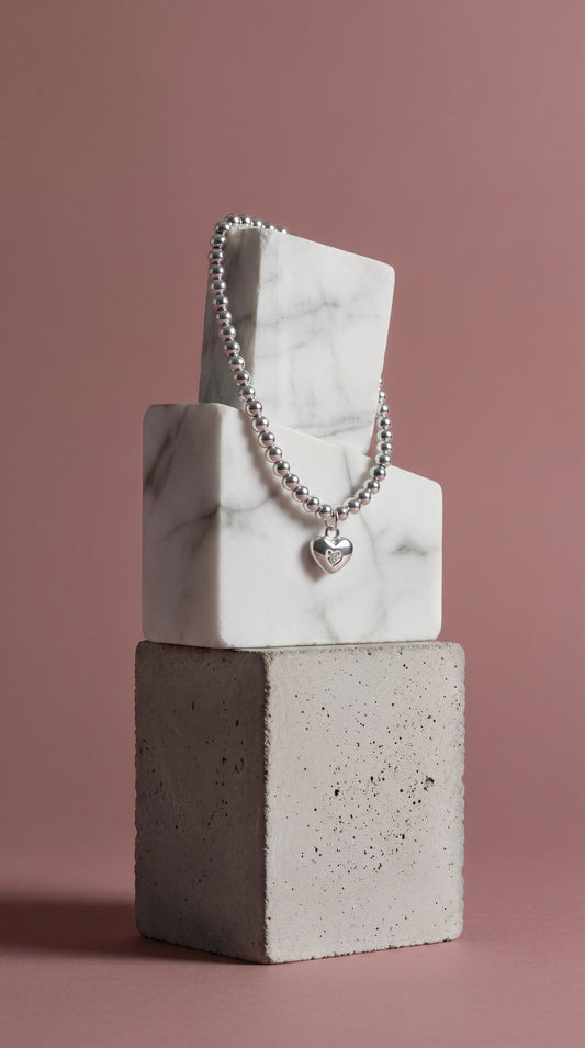 Sterling Silver Beaded Bracelet with a Beautiful Heart Charm