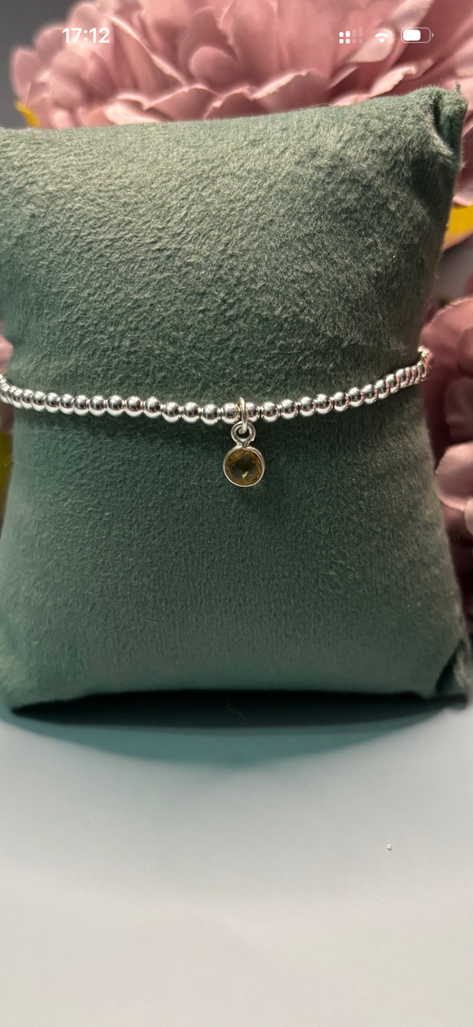 Sterling Silver Beaded bracelet with a citrine birthstone charm