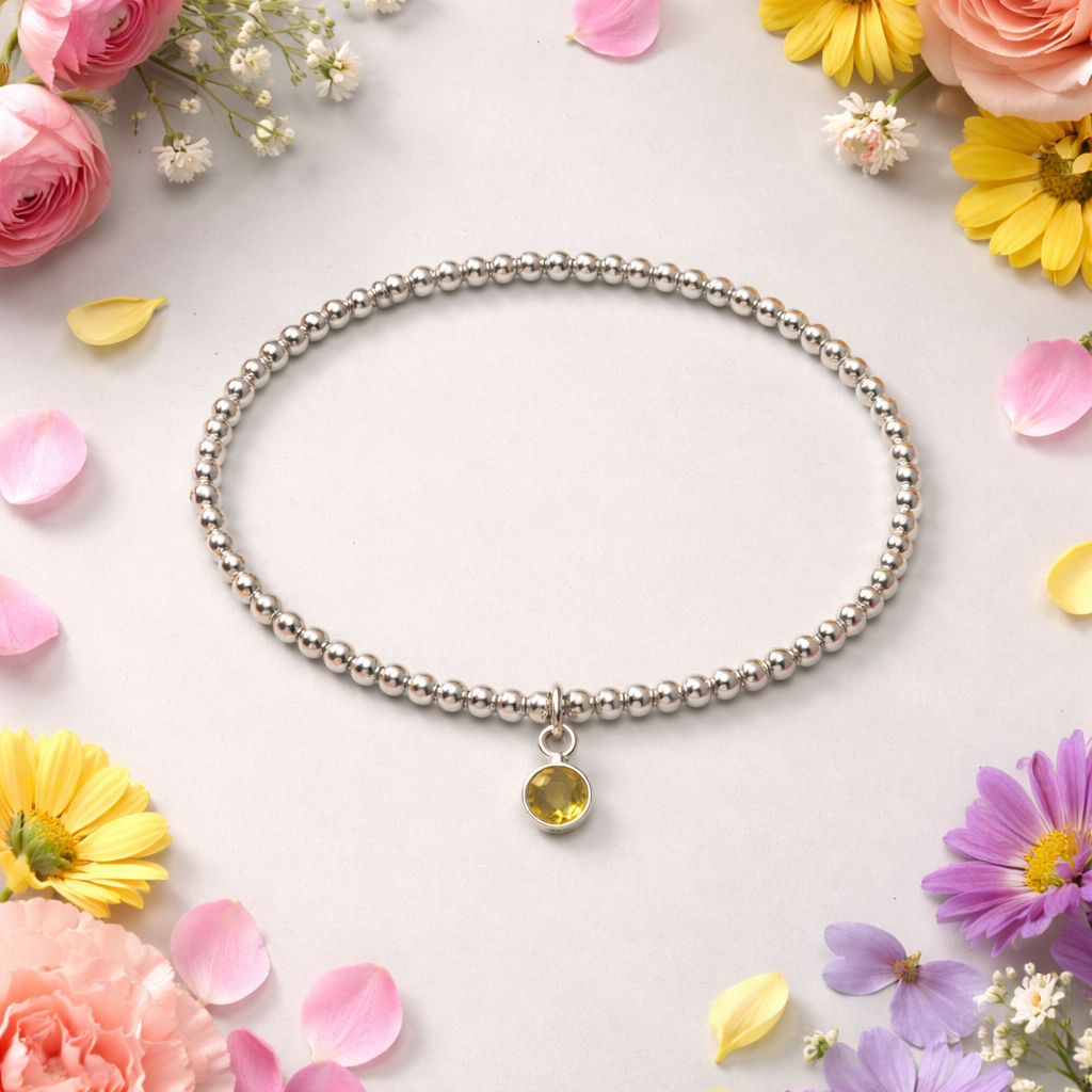 Sterling Silver Beaded bracelet with a citrine birthstone charm