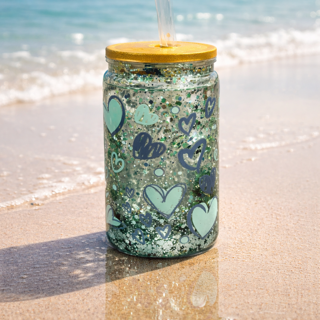 Snow globe tumbler with heart design
