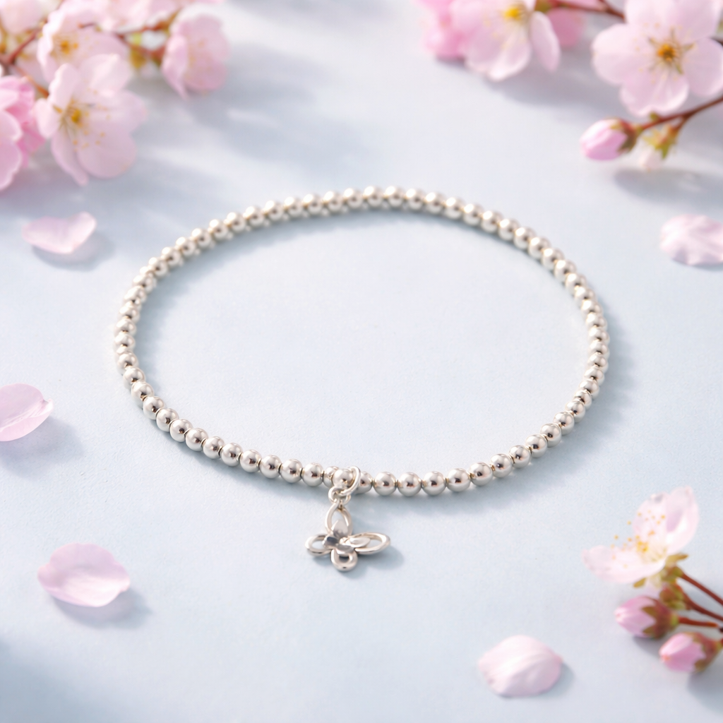 Sterling Silver Beaded Bracelet with a Large Beautiful butterfly Charm