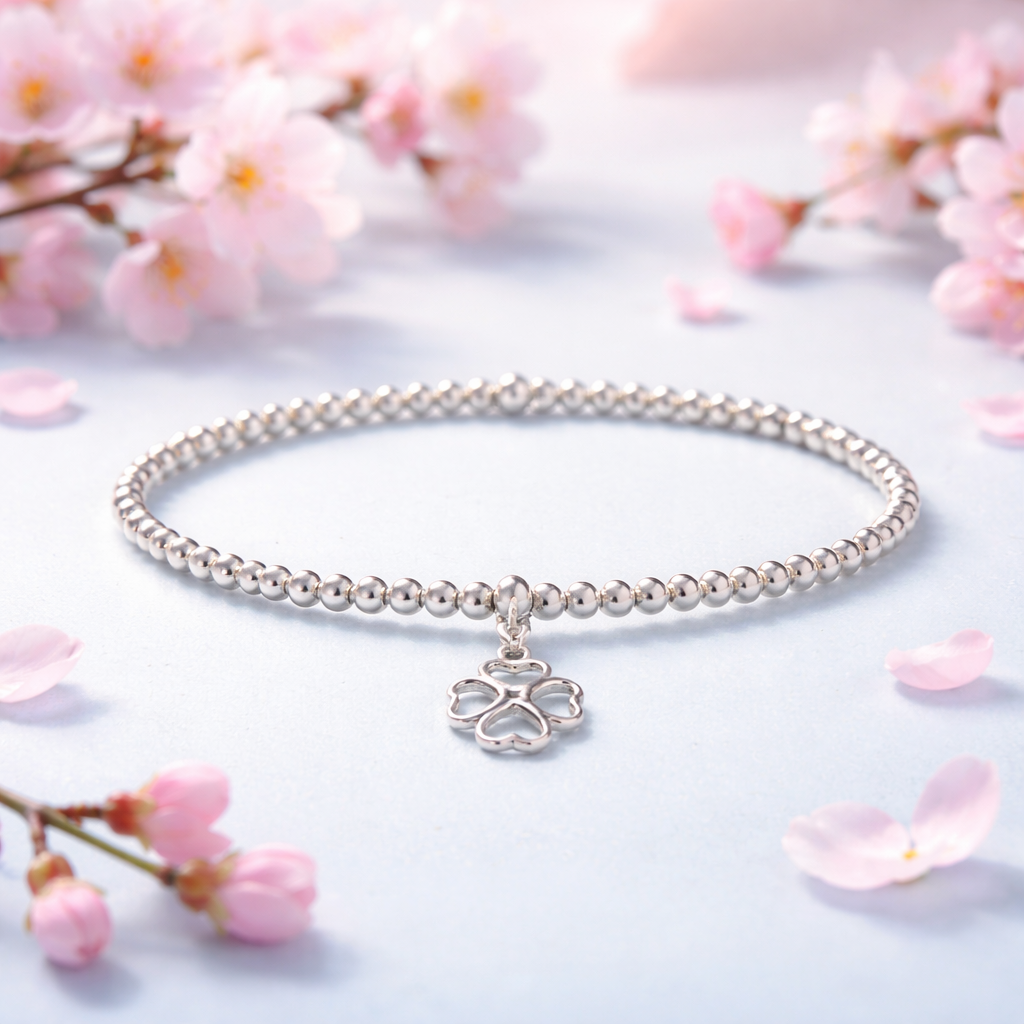 Sterling Silver Beaded Bracelet with a Beautiful heart flower Charm