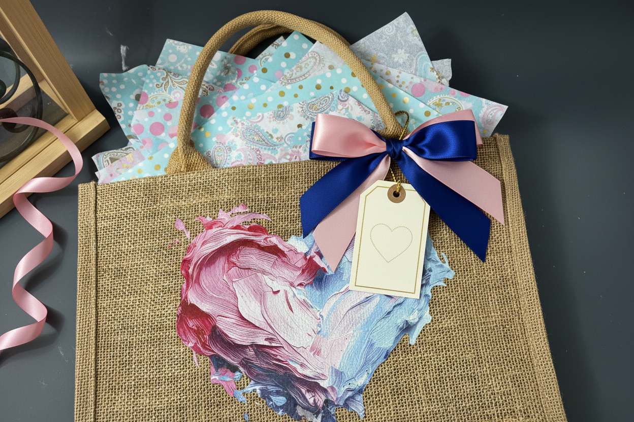 Blue and pink heart tote bag styled as gift bag