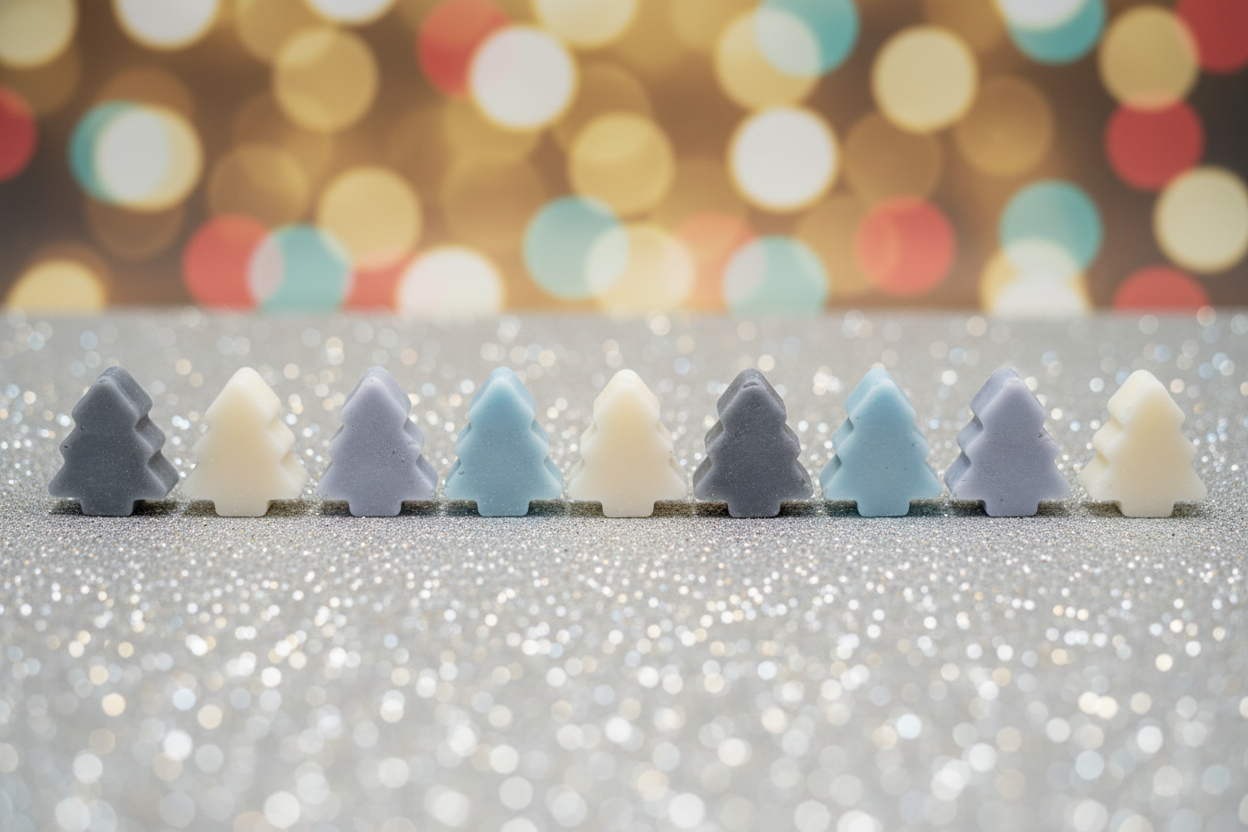 Christmas tree wax melts in straight line with sparkly background