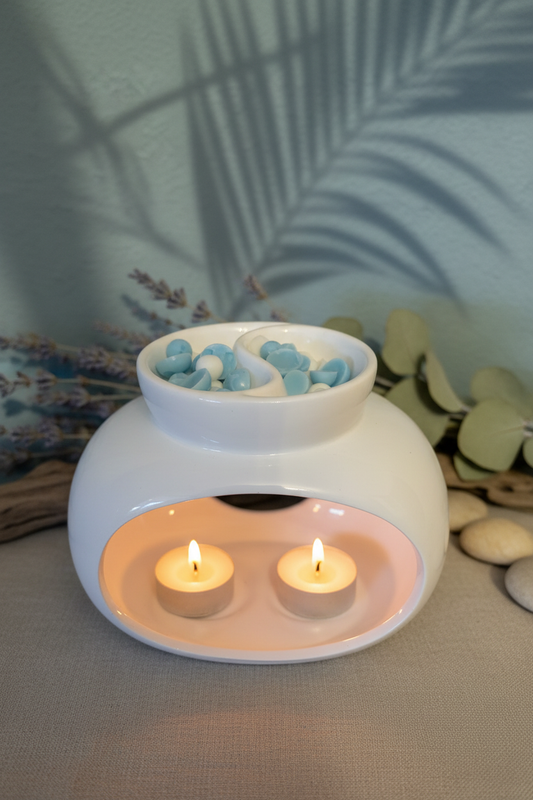Enhanced Penzance Wax Burner White with both candles lit and background