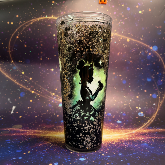 Magical snow globe tumbler with enchanting background