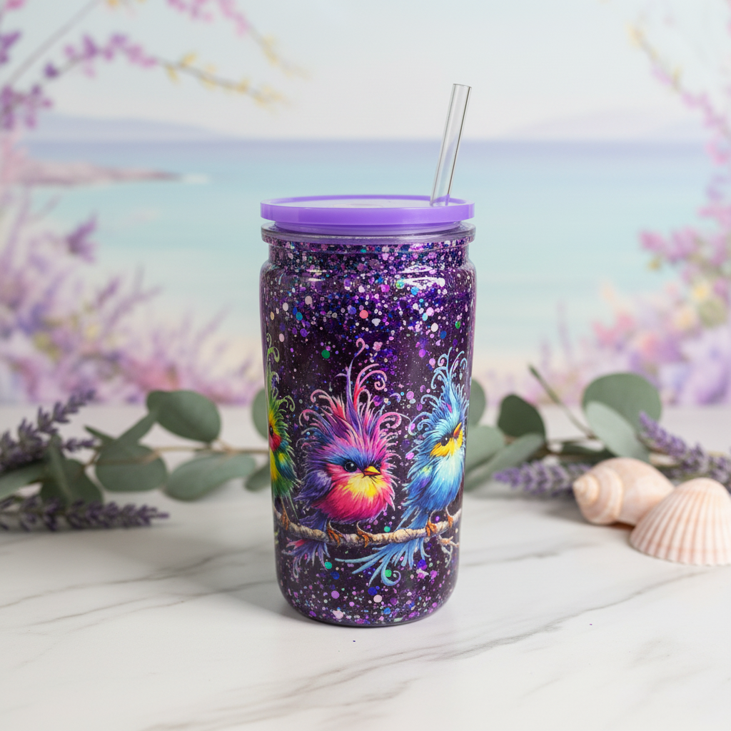 Purple Glitter Snow Globe Tumbler with Bird Design
