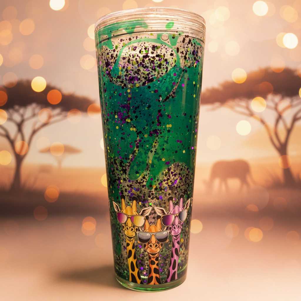Snow globe tumbler with giraffe and background