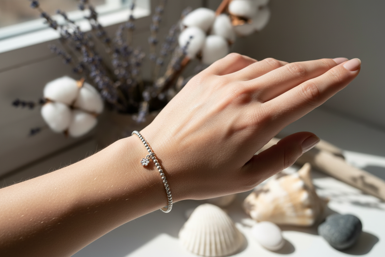 Sterling silver beaded bracelet with 5 petal flower charm in natural pose