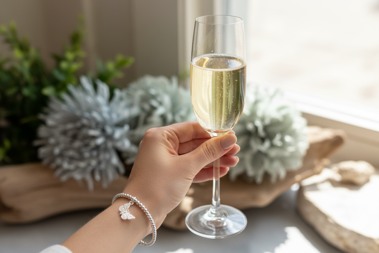 Sterling silver beaded bracelet with butterfly charm holding champagne glass
