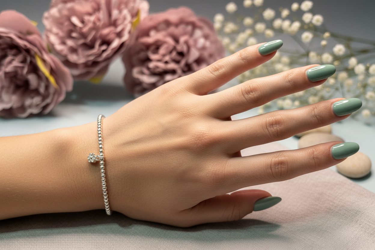 Sterling silver beaded bracelet with flower charm on lady's hand with painted nails