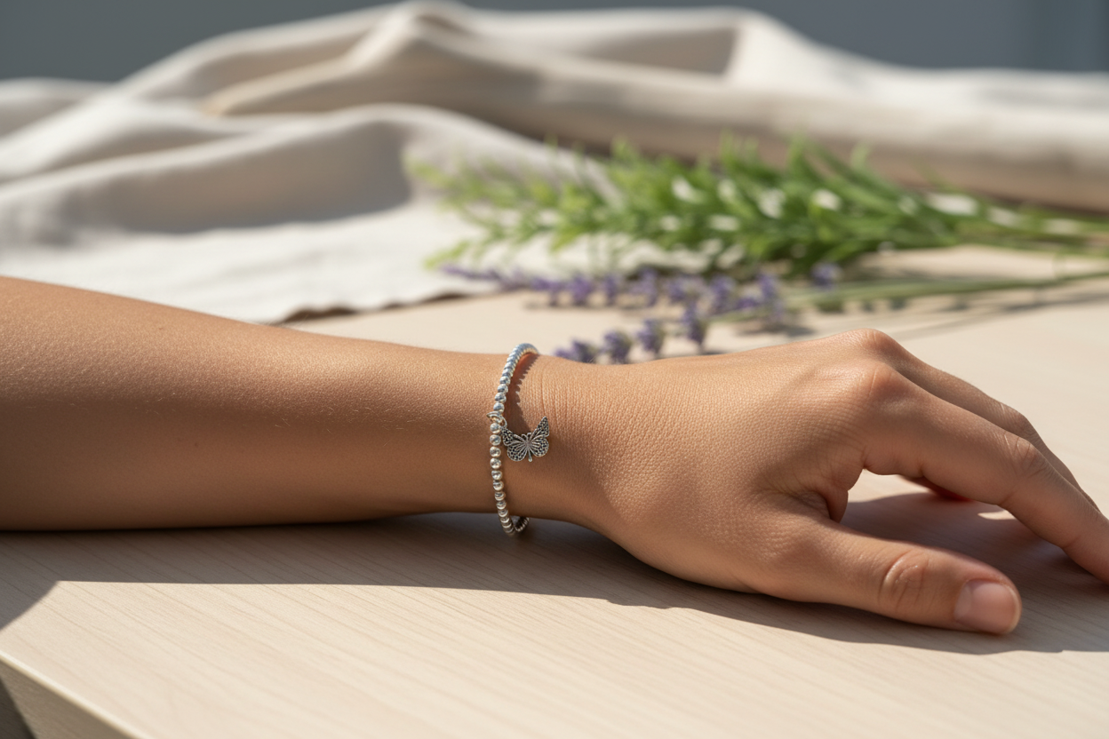 Sterling silver beaded bracelet with large butterfly charm on lady's arm