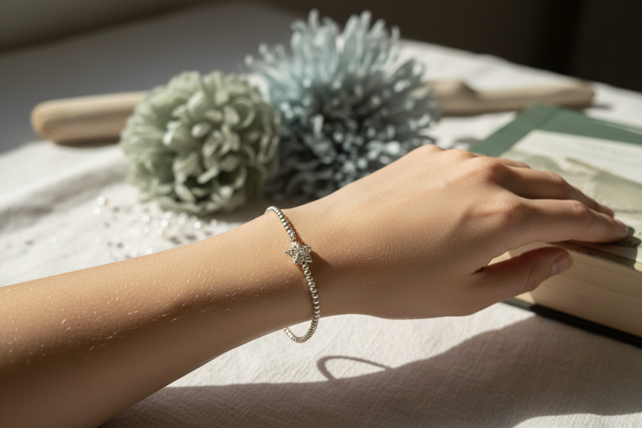 Sterling silver beaded bracelet with star charm on lady's arm