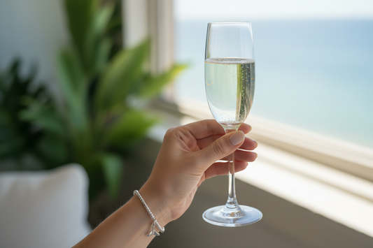 Sterling silver beaded bracelet with whale tail charm holding champagne glass