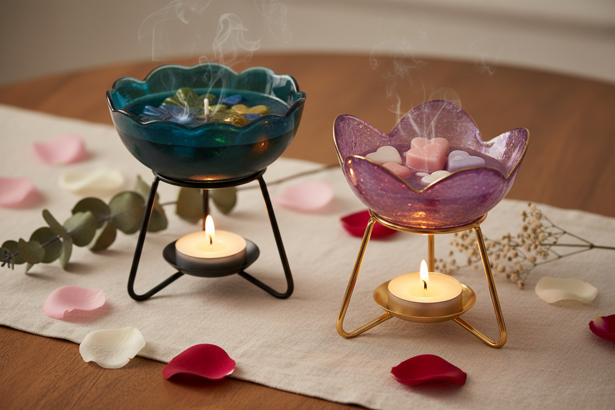 Tealight burners with petals on table