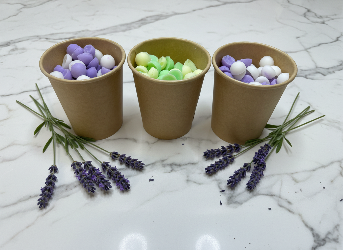 Trio of wax melt pots with lavender on marble