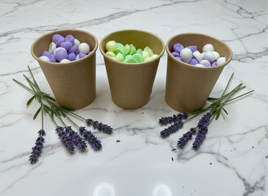 Trio of wax melt pots with lavender on marble