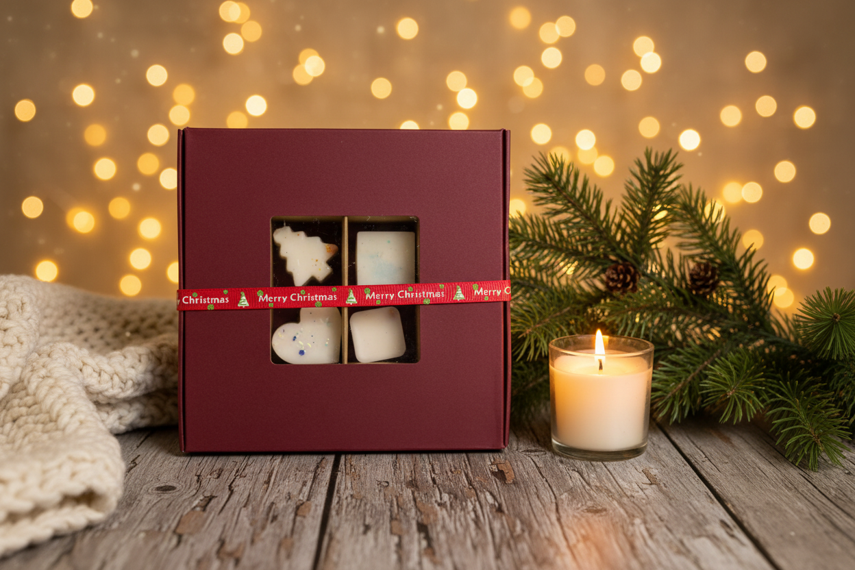 Wax melt gift box in festive cozy setting