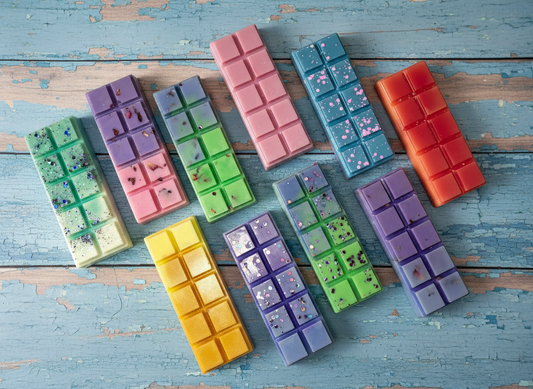 Wax melt snap bars on distressed blue wood