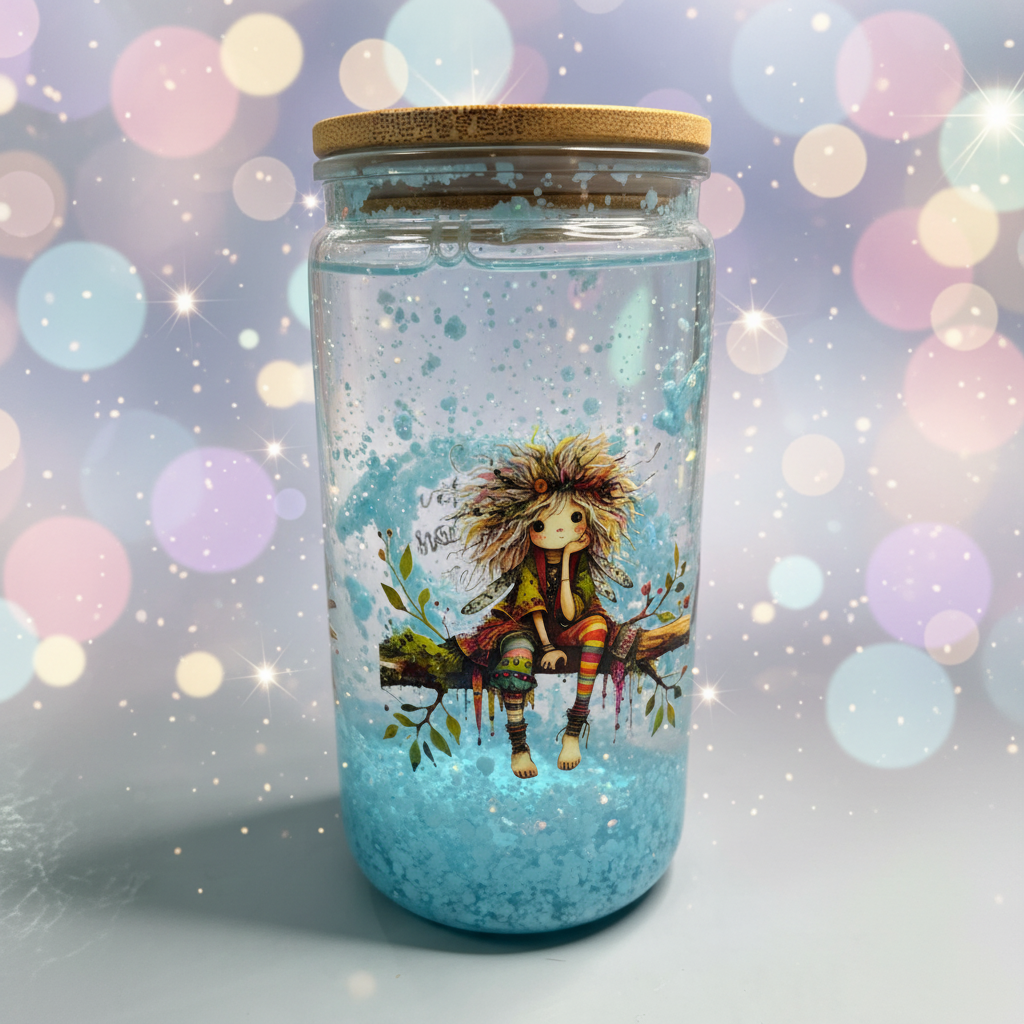 Whimsical snow globe tumbler with dreamy background