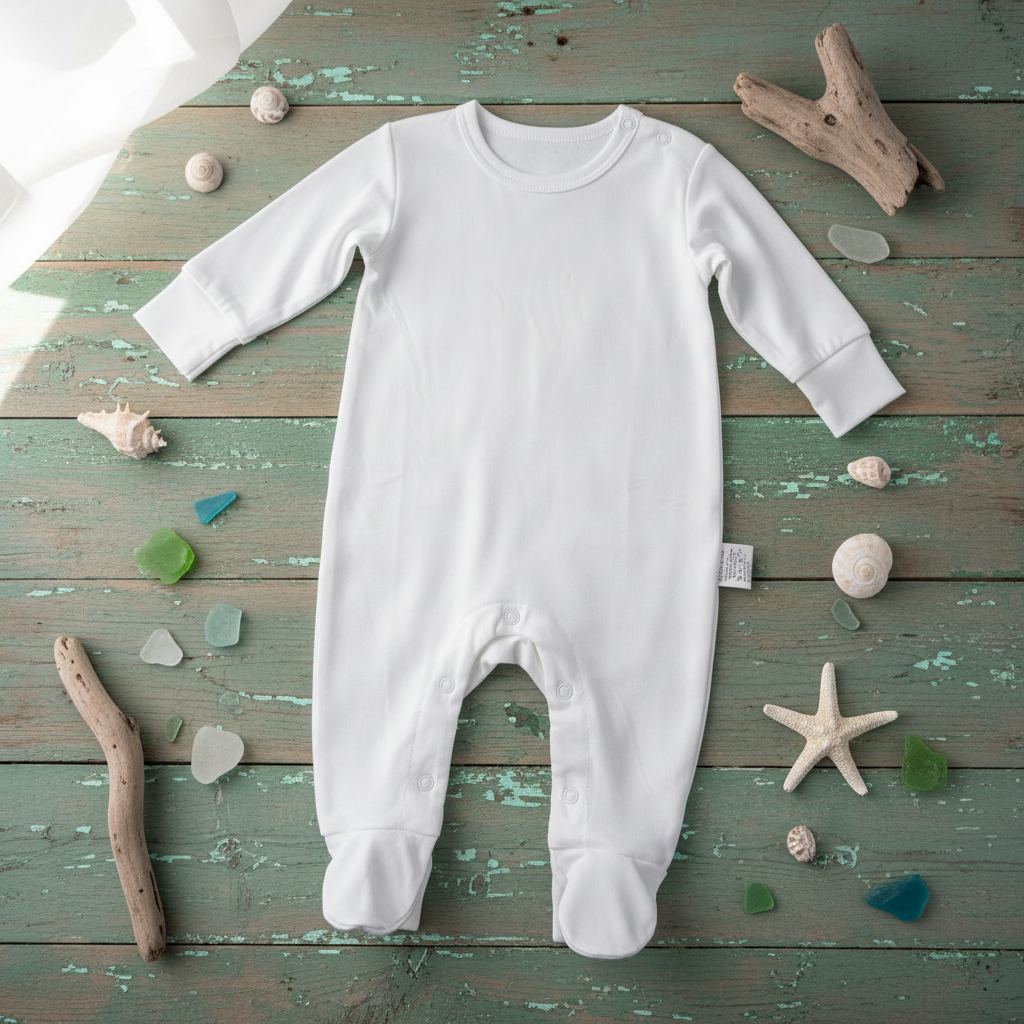 White Footless Sleepsuit - Teal Distressed Wood